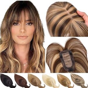HUMAN HAIR Brown Mixed Blonde Clip In Hair Topper with Bangs 10in